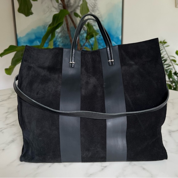 Clare V Suede Simple Tote with Racing Stripes Matte Black with Strap - Picture 1 of 16